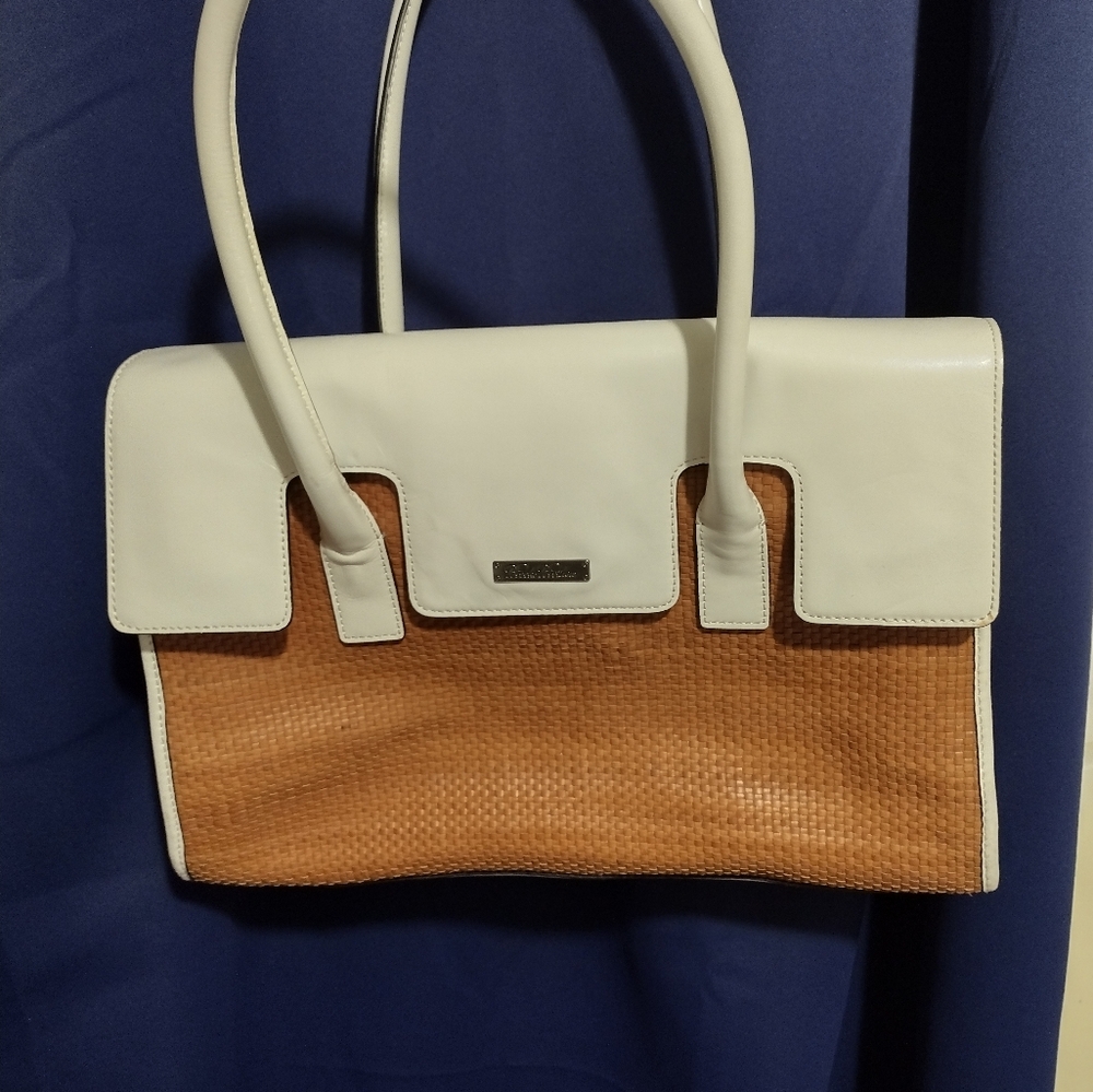 Brooks Brothers White and Tan Tote Bag with Structured Design